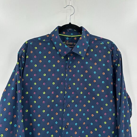 LUCHIANO VISCONTI Navy Blue Rainbow Flower Long Sleeve Button Up Dress Shirt XL - Picture 3 of 7